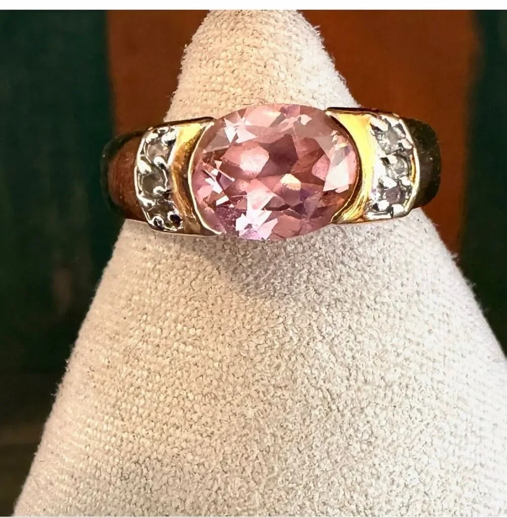 Gold Tone Pink Oval Statement Ring with Clear Accent Stones